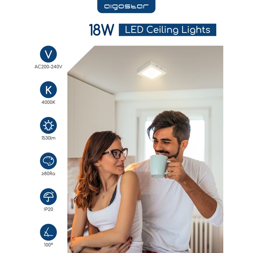 Aigostar - Plafoniera LED da soffitto a montaggio superficiale, 18W/230V, 4000K, 22,6x22,6 cm, bianco