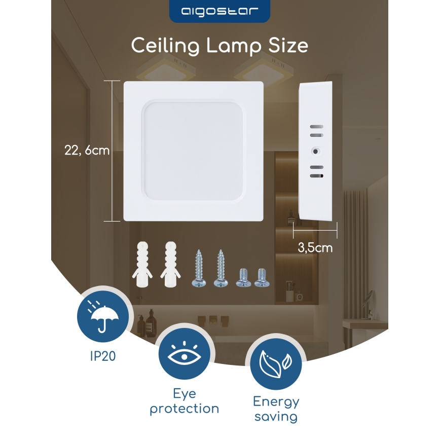 Aigostar - Plafoniera LED da soffitto a montaggio superficiale, 18W/230V, 4000K, 22,6x22,6 cm, bianco