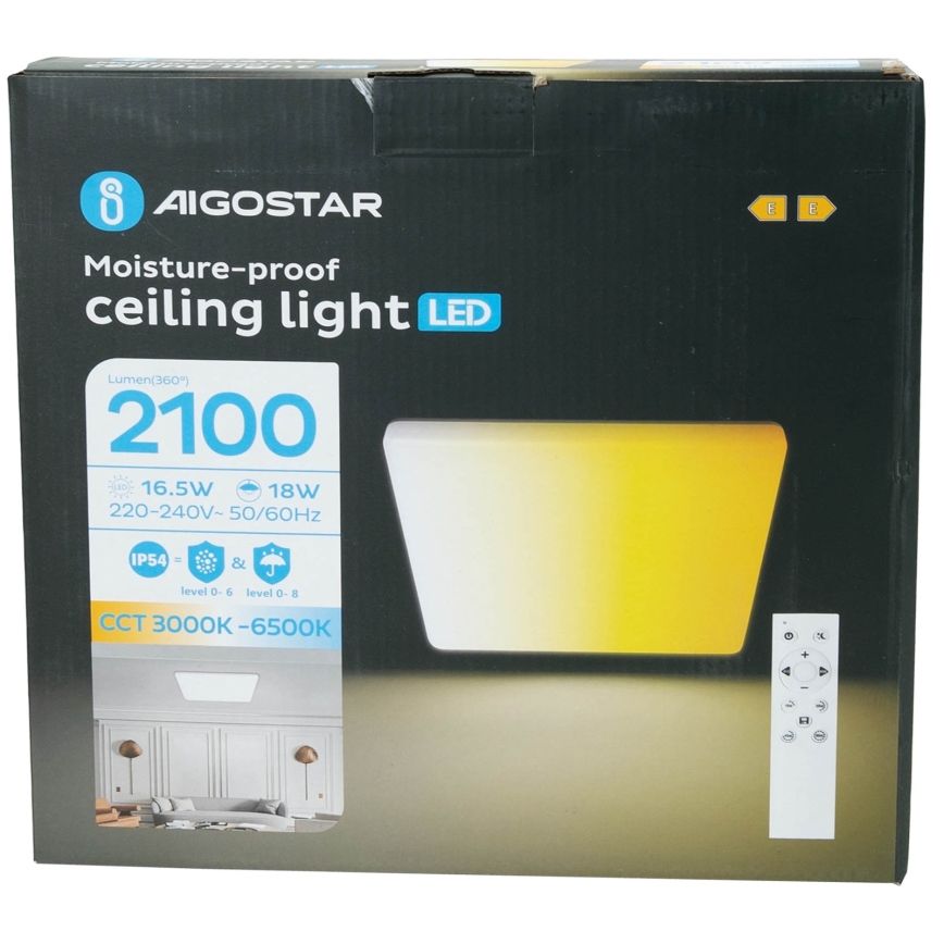Aigostar - Plafoniera da soffitto LED dimmerabile per bagno, 18W, 230V, 3000K-6500K, IP54 + telecomando