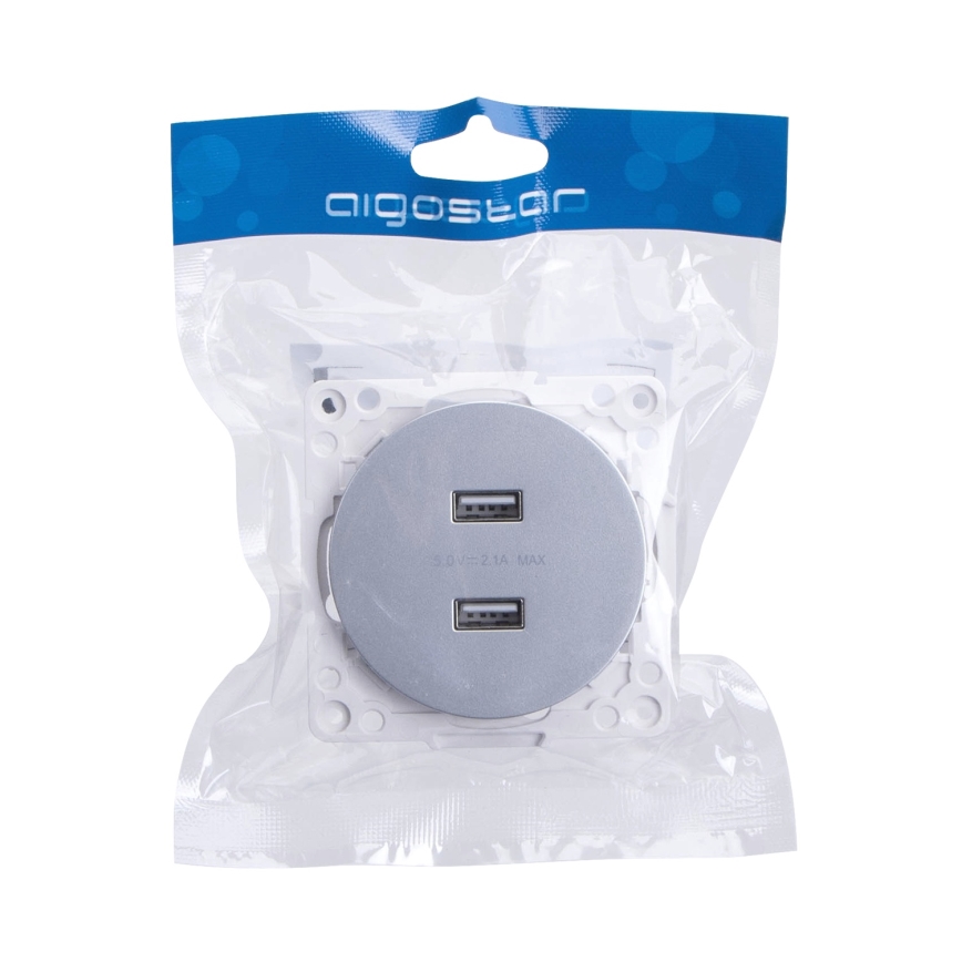 Aigostar - presa di alimentazione USB senza cornice, 2 porte USB-A, argento