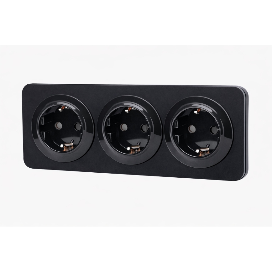 Aigostar - Presa domestica con placca a 3 prese SCHUKO 250V/16A nera