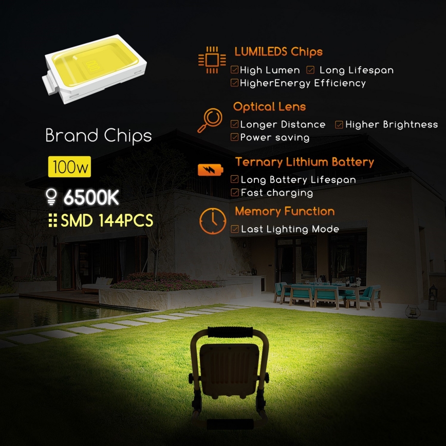 Aigostar - Proiettore ricaricabile dimmerabile LED/100W/5V 6500K IP65 15000 mAh