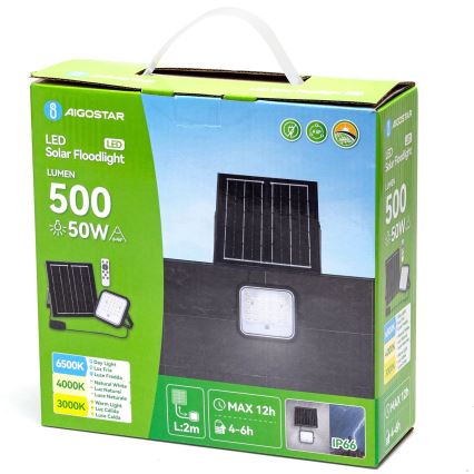 Aigostar - Proiettore solare dimmerabile a LED/50W/3,4V 3000/4000/6500K IP66 4000 mAh + telecomando