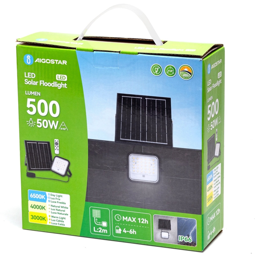 Aigostar - Proiettore solare dimmerabile a LED/50W/3,4V 3000/4000/6500K IP66 4000 mAh + telecomando