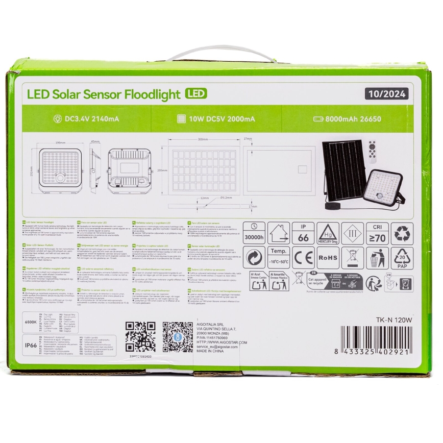 Aigostar - Faretto solare LED dimmerabile con sensore LED/120W/3,4V 6500K IP66 8000 mAh + telecomando