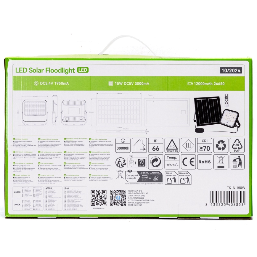 Aigostar - Riflettore solare dimmerabile a LED/150W/3,4V 3000/4000/6500K IP66 12000 mAh + telecomando