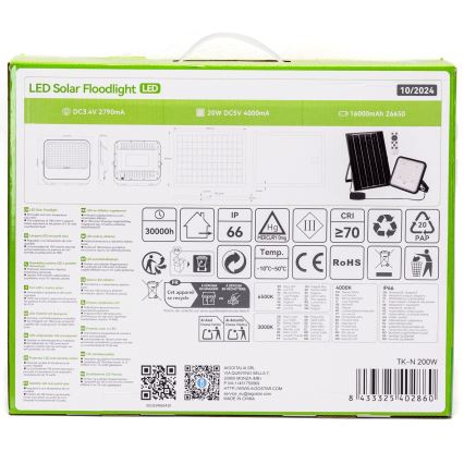 Aigostar - Proiettore solare dimmerabile a LED/200W/3,4V 3000/4000/6500K IP66 16000 mAh + telecomando