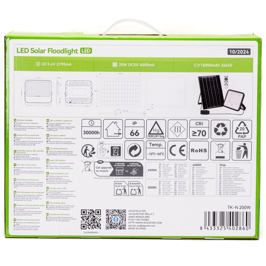 Aigostar - Proiettore solare dimmerabile a LED/200W/3,4V 3000/4000/6500K IP66 16000 mAh + telecomando