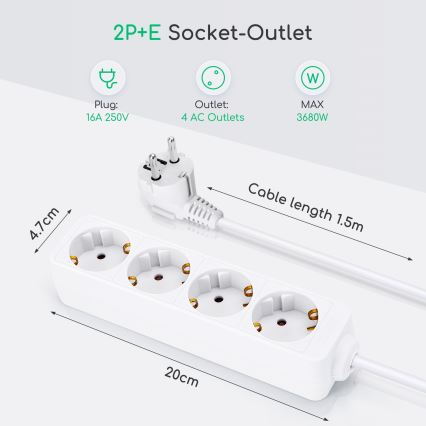 Aigostar - Prolunga 4Z Tipo F 1,5m bianco SCHUKO