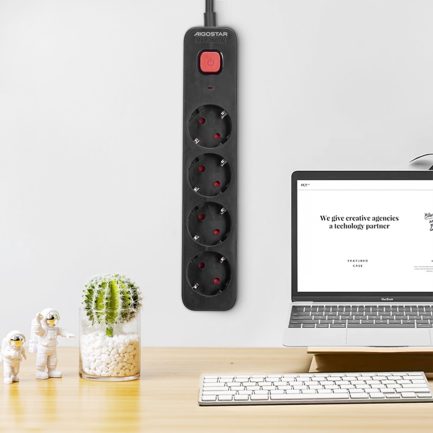 Aigostar - Prolunga con interruttore 4Z Tipo F 1,5m nero