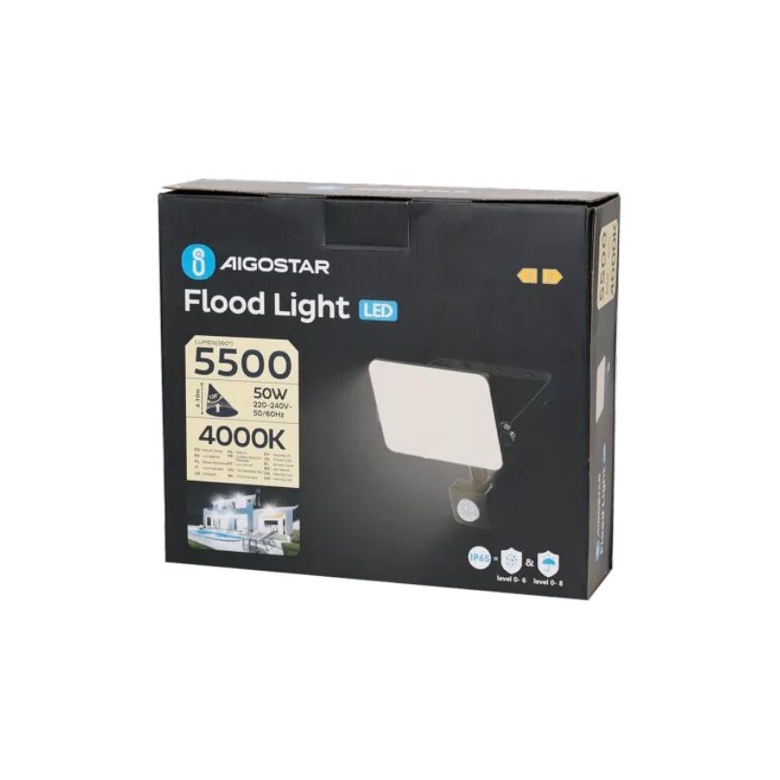 Aigostar - Riflettore LED con sensore LED/50W/230V 4000K IP65 nero
