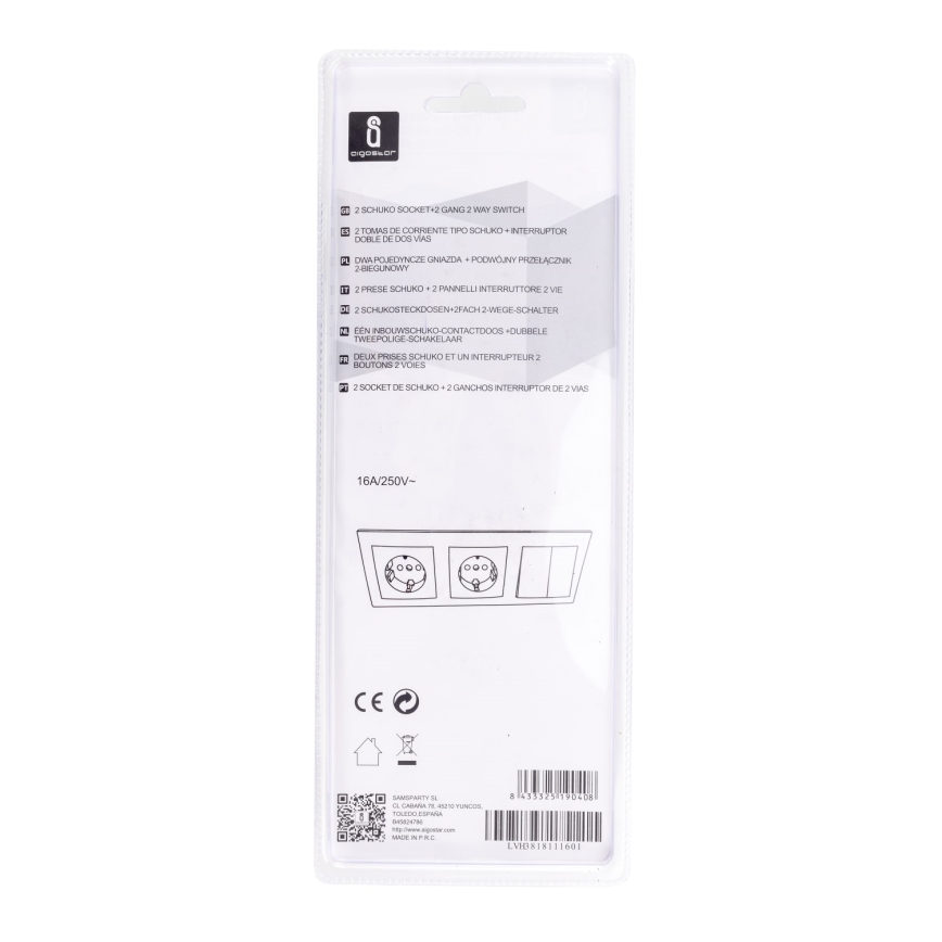 Aigostar - SET 2x Presa con interruttore 2x16A/250V SCHUKO