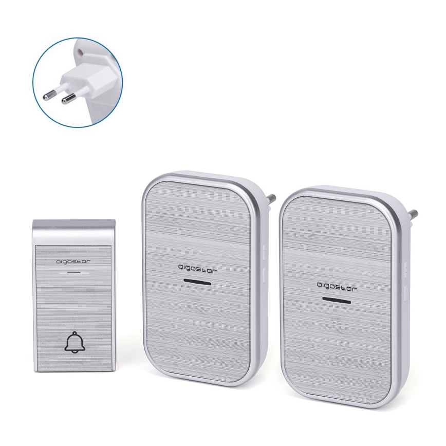 Aigostar - SET 2x Campanello wireless con spina integrata 230V/12V IP44 argento
