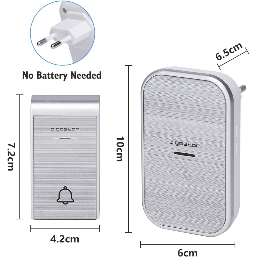 Aigostar - SET 2x Campanello wireless con spina integrata 230V/12V IP44 argento