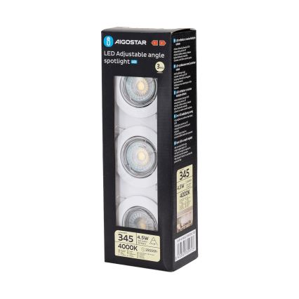 Aigostar - Set da 3 faretti da incasso LED, 1x GU10/4,5 W/230 V, 4000 K, bianco