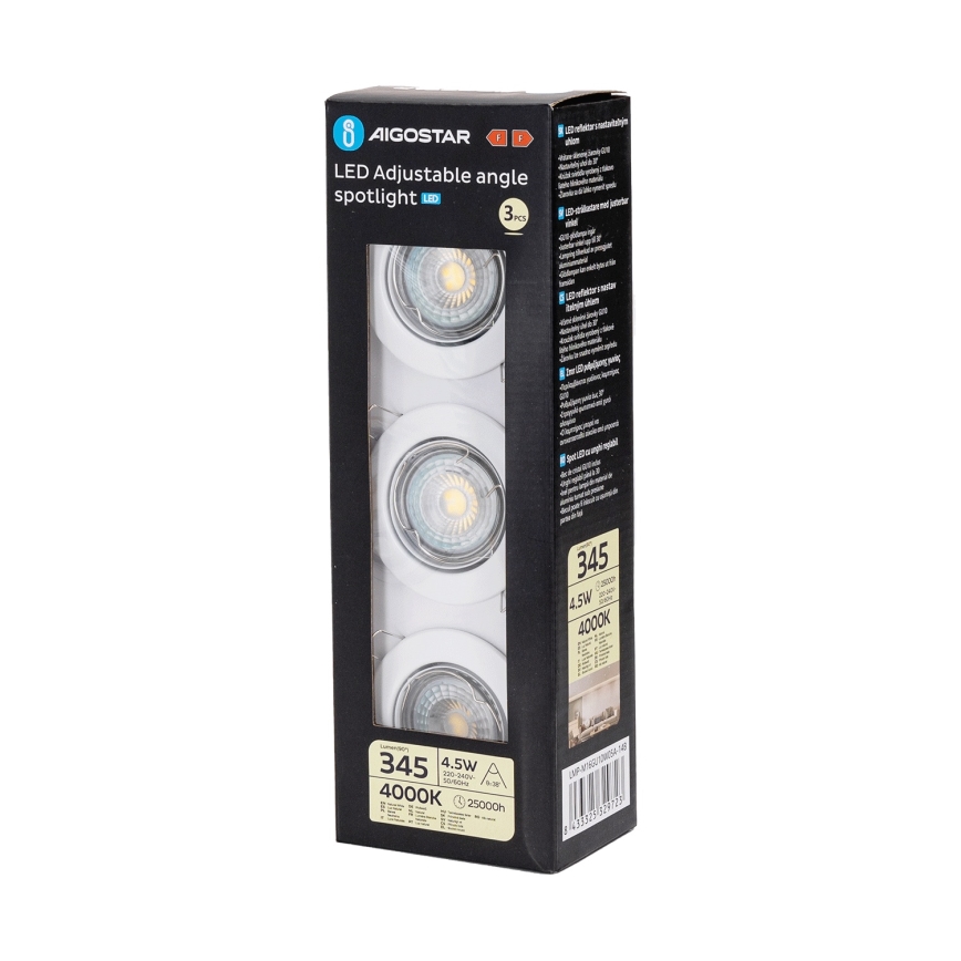 Aigostar - Set da 3 faretti da incasso LED, 1x GU10/4,5 W/230 V, 4000 K, bianco