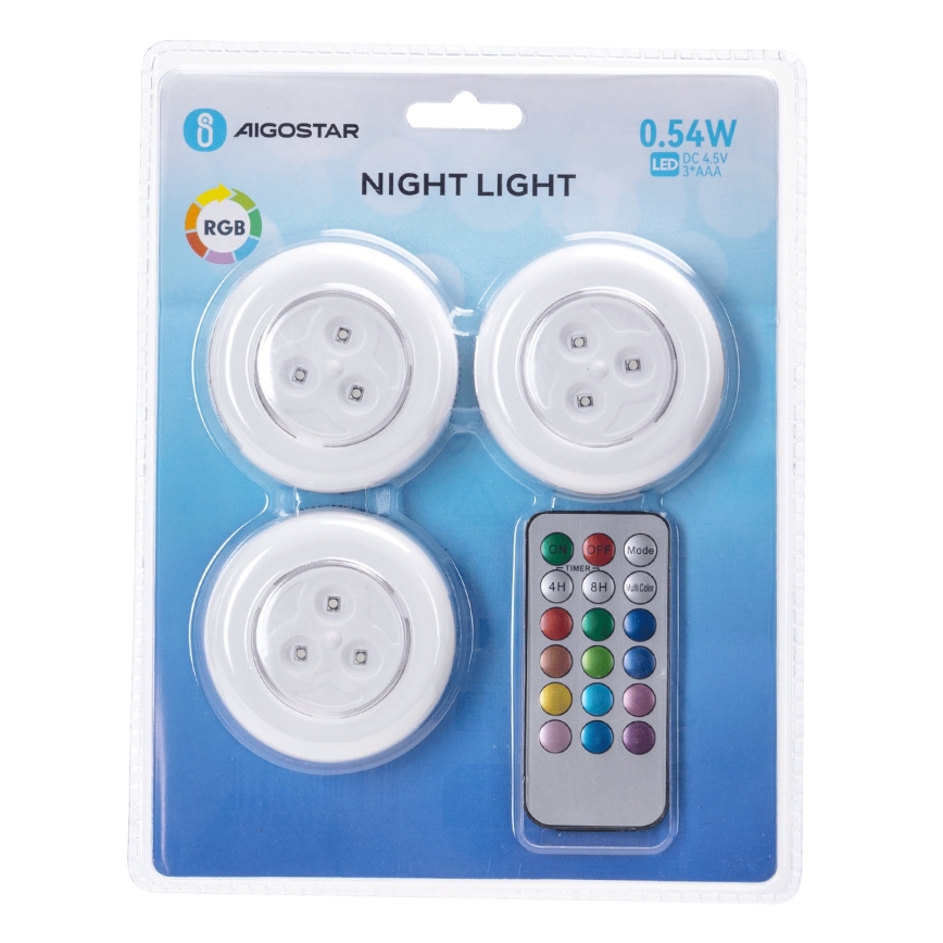 Aigostar - Set da 3 lampade notturne portatili LED RGB, alimentazione 3x AAA, con telecomando
