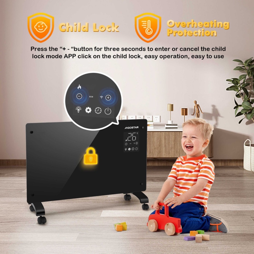 Aigostar - Termoconvettore/riscaldatore elettrico intelligente con display LCD ECO/1000/2000W Wi-Fi