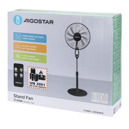 Aigostar - Ventilatore a piantana 55W/230V 130 cm nero + telecomando