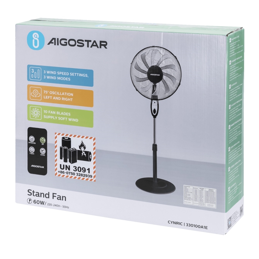 Aigostar - Ventilatore a piantana 55W/230V 130 cm nero + telecomando