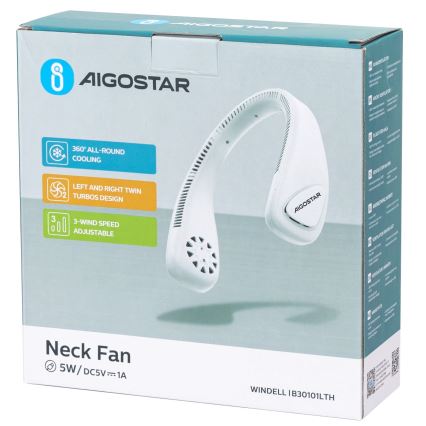 Aigostar - Ventilatore da collo ricaricabile 4W/5V 2000mAh bianco