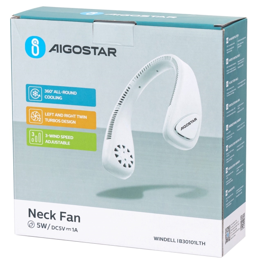 Aigostar - Ventilatore da collo ricaricabile 4W/5V 2000mAh bianco