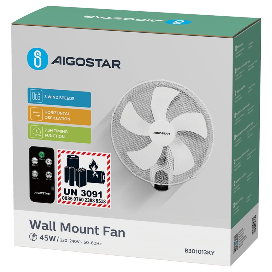 Aigostar -  Ventilatore da parete 45W/230V bianco + telecomando