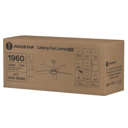 Aigostar - Ventilatore da soffitto dimmerabile a LED LED/20W/230V 2700-6500K 132cm bianco/beige + telecomando