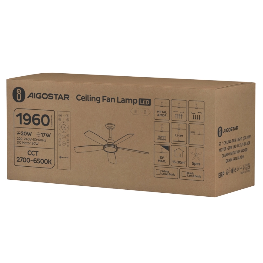 Aigostar - Ventilatore da soffitto dimmerabile a LED LED/20W/230V 2700-6500K 132cm bianco/beige + telecomando
