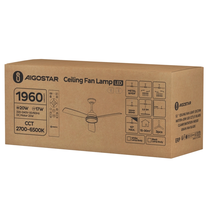 Aigostar - Ventilatore da soffitto dimmerabile a LED LED/20W/230V 2700-6500K 132cm marrone + telecomando