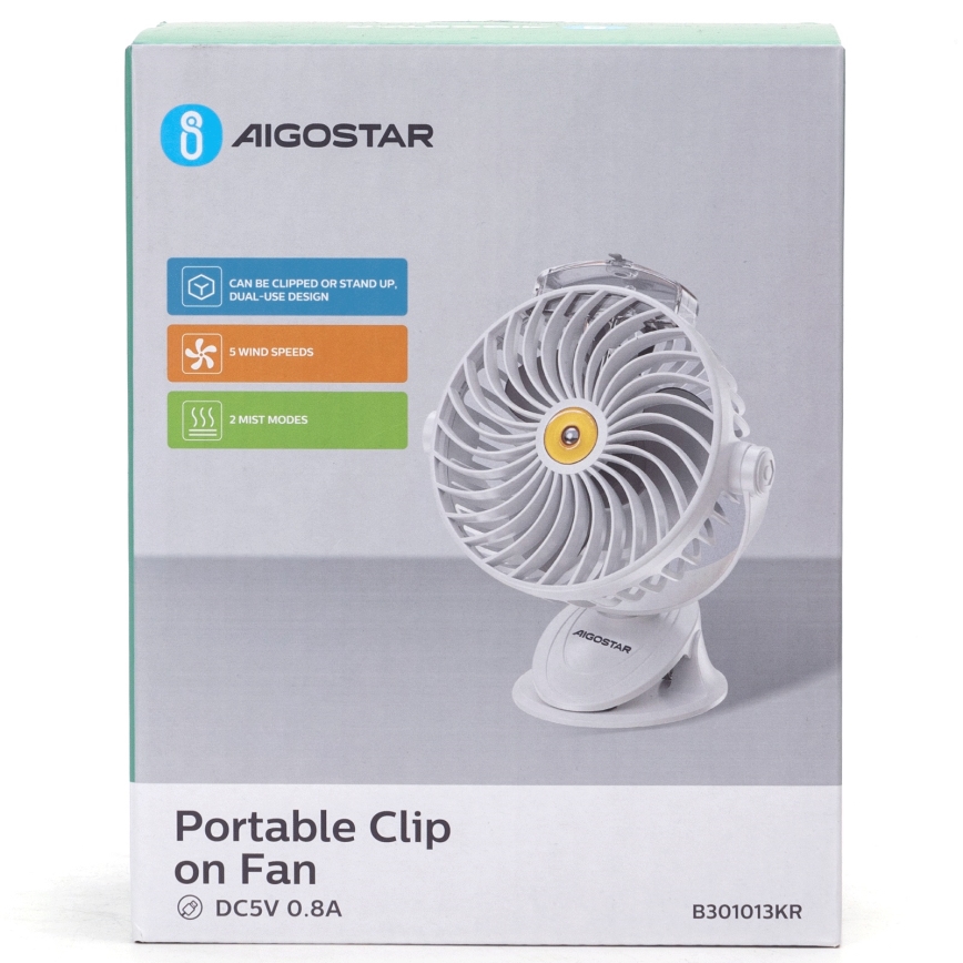 Aigostar - Ventilatore da tavolo ricaricabile con clip 2W/5V 2400mAh USB bianco