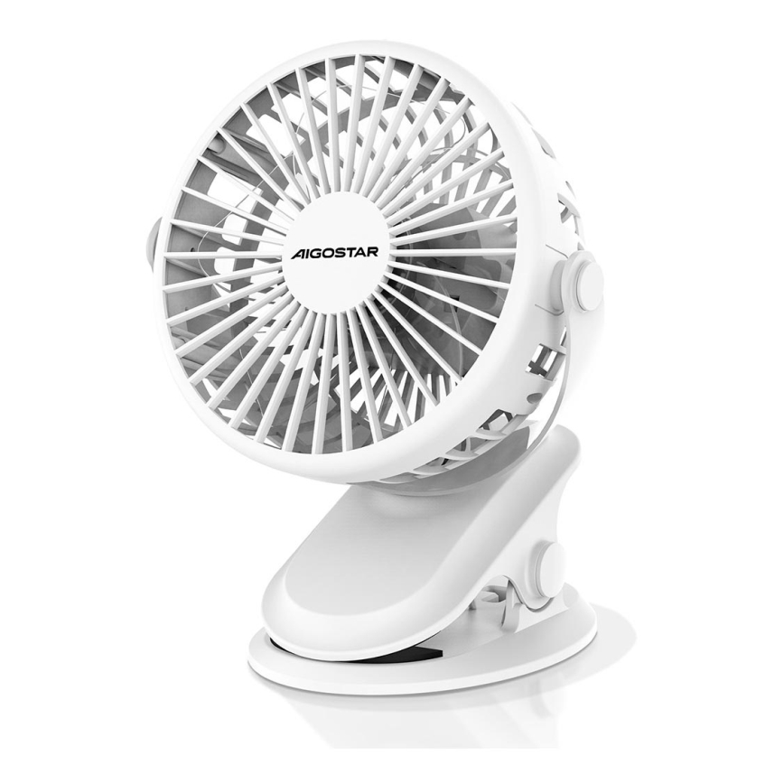 Aigostar - Ventilatore da tavolo ricaricabile con clip 4W/5V 1500mAh bianco