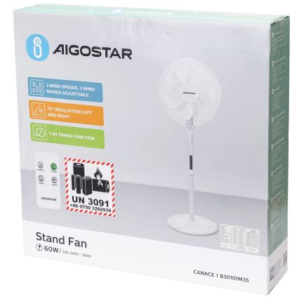 Aigostar - Ventilatore da pavimento 60W/230V bianco con telecomando