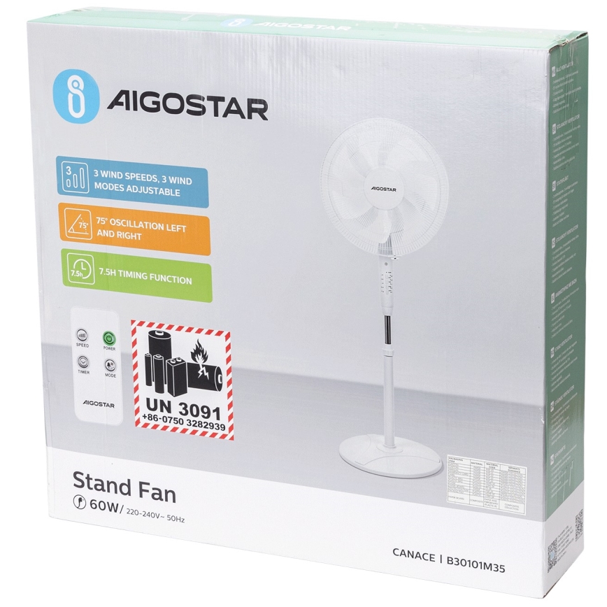 Aigostar - Ventilatore da pavimento 60W/230V bianco con telecomando