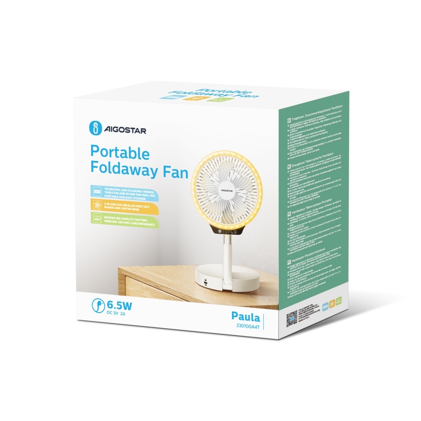 Aigostar - Ventilatore pieghevole wireless LED con porta USB 6,5W/5V