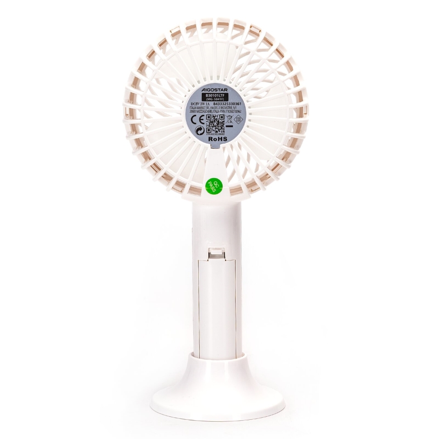 Aigostar - Ventilatore portatile ricaricabile 3W/5V 1500mAh USB bianco