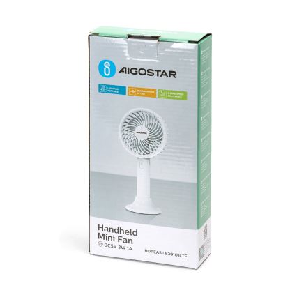 Aigostar - Ventilatore portatile ricaricabile 3W/5V 1500mAh USB bianco