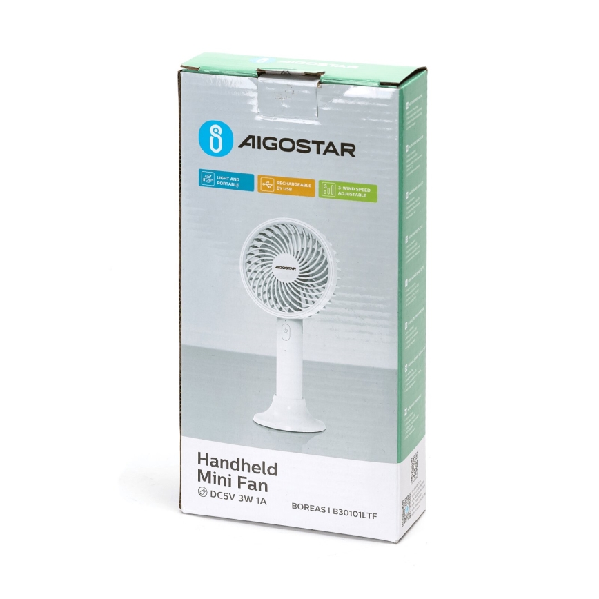 Aigostar - Ventilatore portatile ricaricabile 3W/5V 1500mAh USB bianco