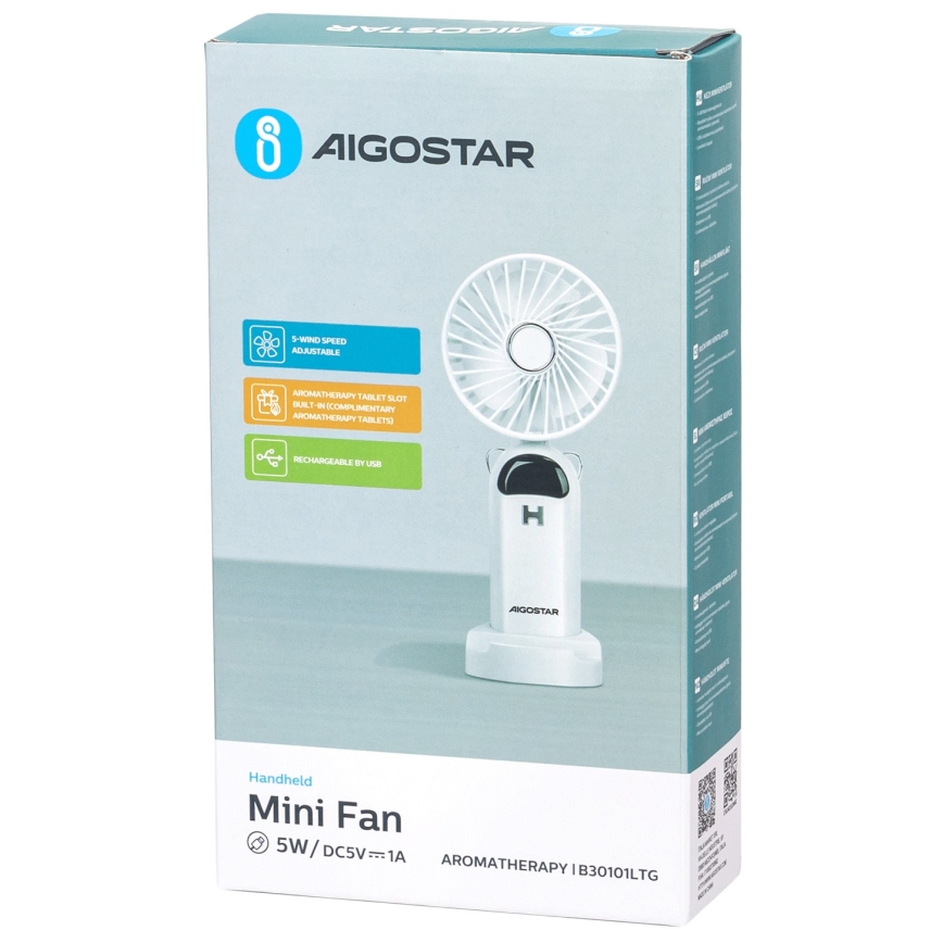 Aigostar - Ventilatore portatile ricaricabile 4W/5V 1200mAh bianco