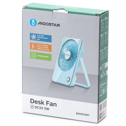 Aigostar - Ventilatore ricaricabile da tavolo 5W/5V 3600mAh USB blu