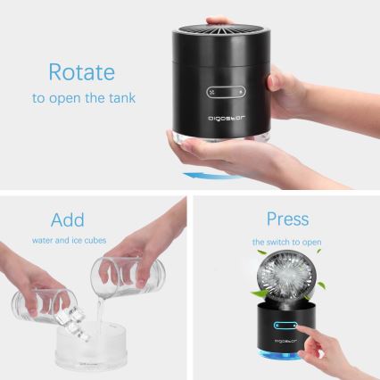 Aigostar - RGB Wireless mini tavolo ventilatore con effetto nebbia MIST 10W/5V nero