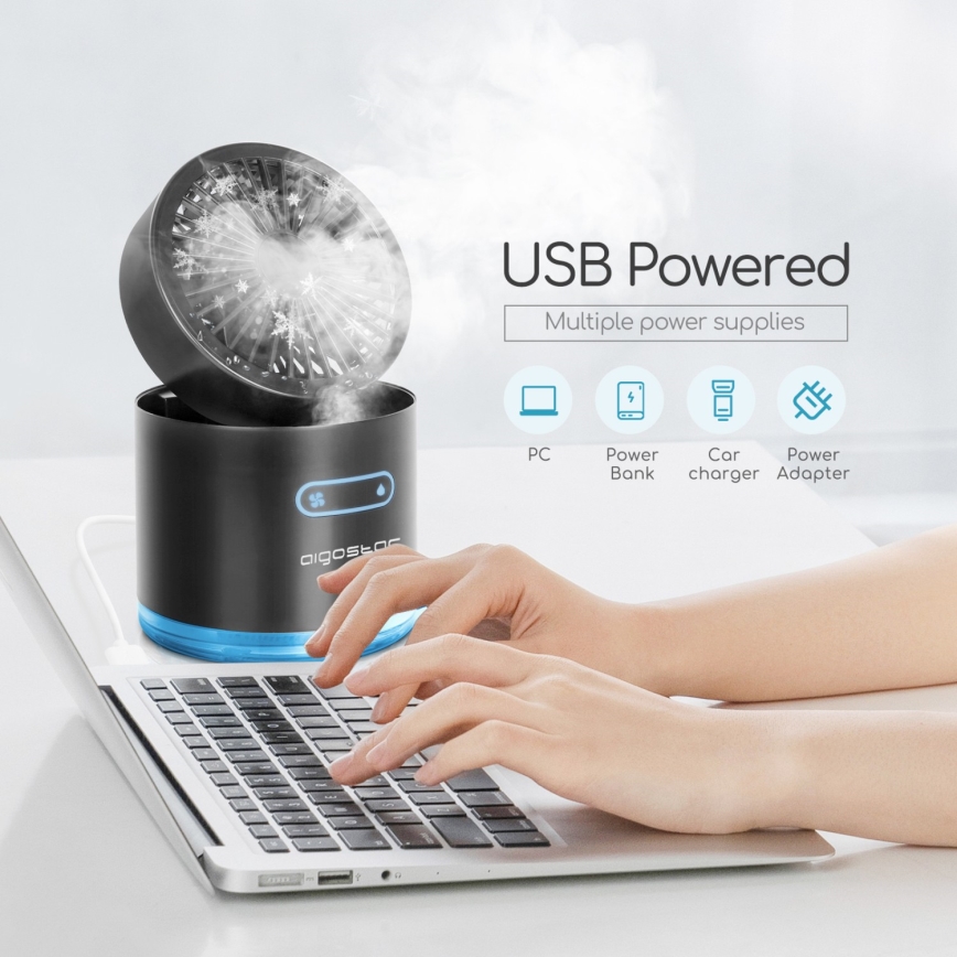 Aigostar - RGB Wireless mini tavolo ventilatore con effetto nebbia MIST 10W/5V nero