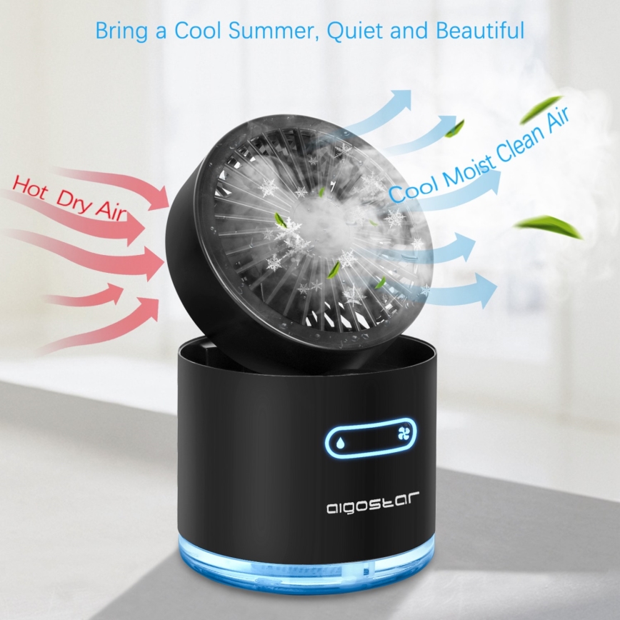 Aigostar - RGB Wireless mini tavolo ventilatore con effetto nebbia MIST 10W/5V nero