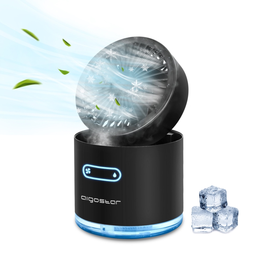 Aigostar - RGB Wireless mini tavolo ventilatore con effetto nebbia MIST 10W/5V nero