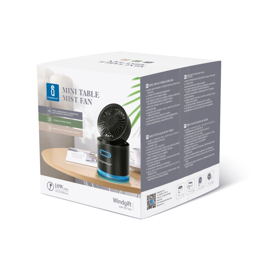 Aigostar - RGB Wireless mini tavolo ventilatore con effetto nebbia MIST 10W/5V nero