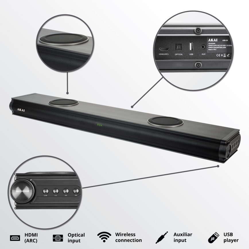 AKAI ASB-29 - Soundbar con subwoofer attivo 120W/230V + telecomando
