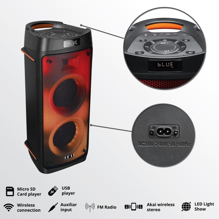 AKAI PARTY BOX 810 - Altoparlante wireless 65W/230V 5000 mAh + telecomando