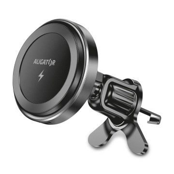 Aligator AMS05BK - Supporto auto magnetico per smartphone con ricarica wireless Qi 15W e MagSafe nero