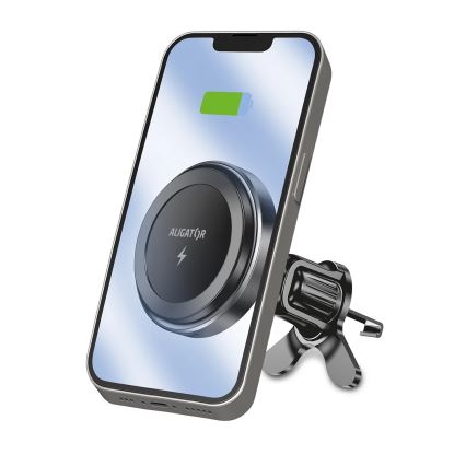Aligator AMS05BK - Supporto auto magnetico per smartphone con ricarica wireless Qi 15W e MagSafe nero
