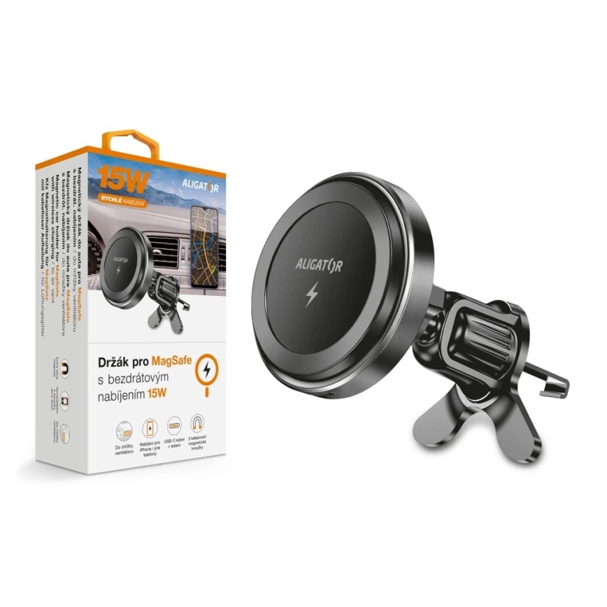 Aligator AMS05BK - Supporto auto magnetico per smartphone con ricarica wireless Qi 15W e MagSafe nero
